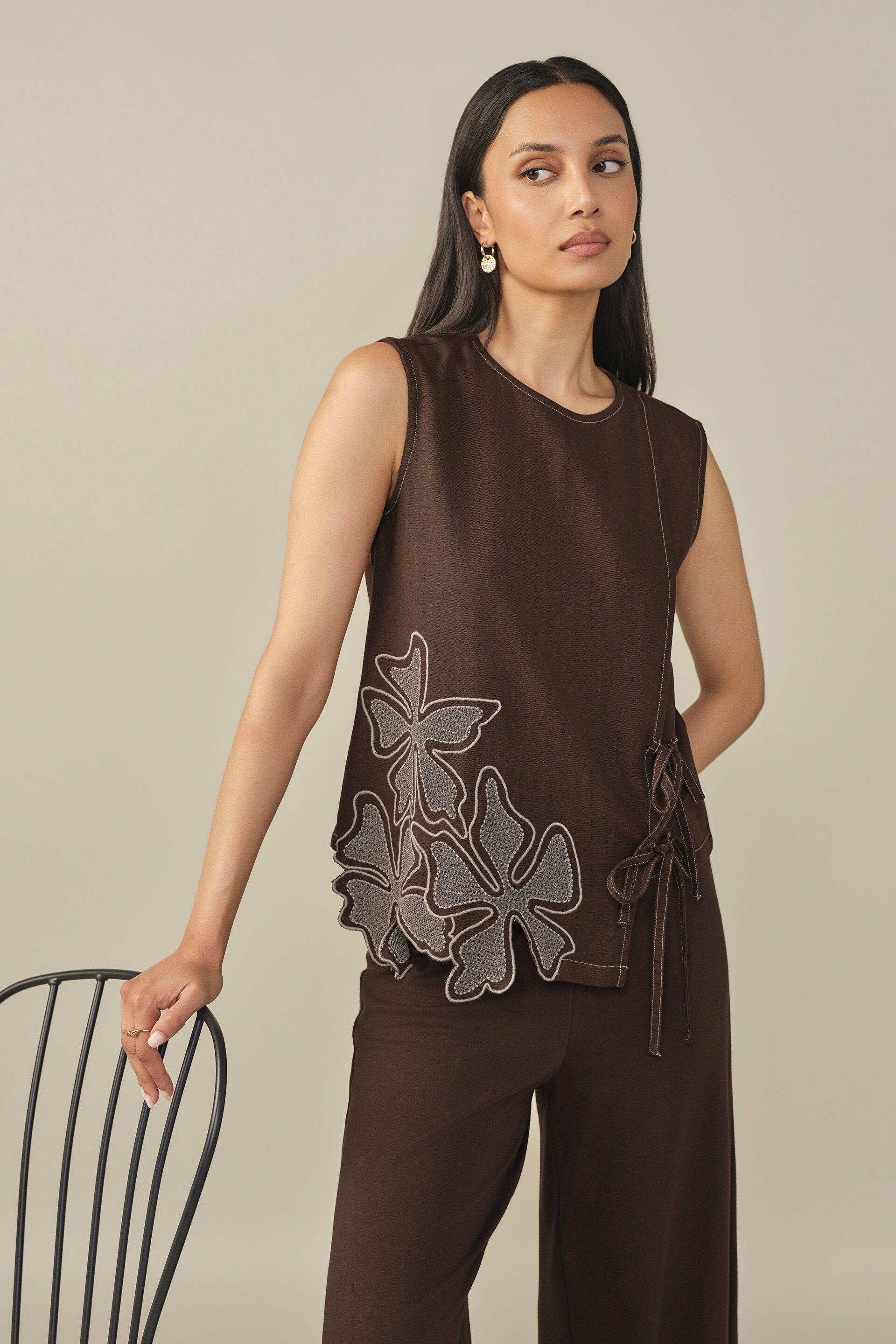 Floral Embroidered Tie-up Top in Brown, Brown, image 1